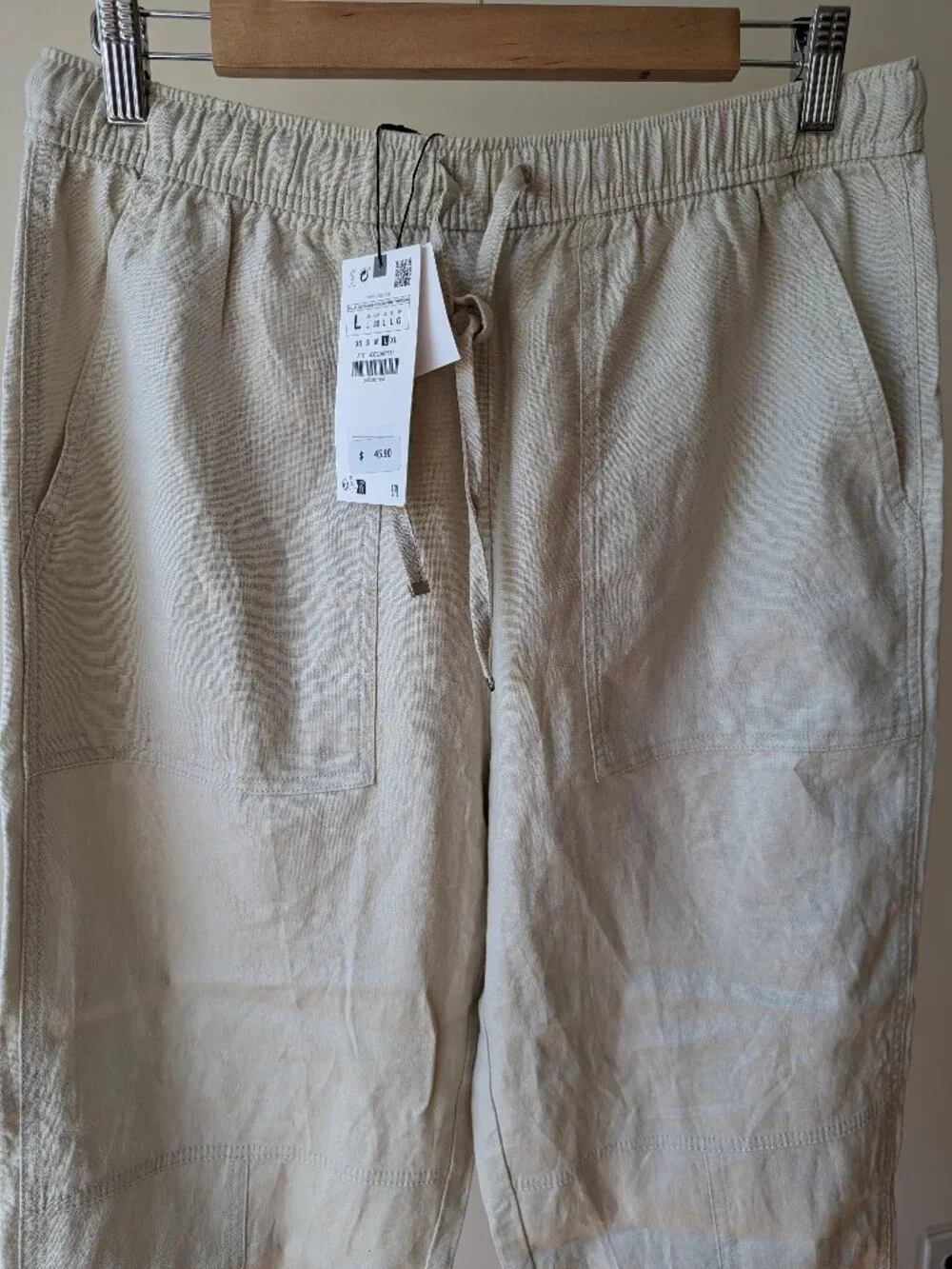 Zara Women's Tapered Linen Blend Pull On Pants Size L Sand Drawstring NWT